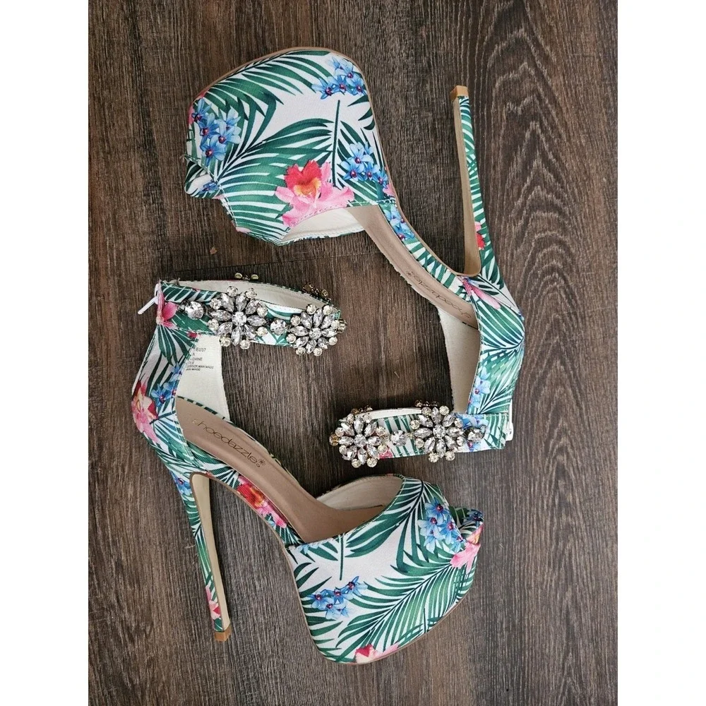 ShoeDazzle Platform Heels Womens 6.5 Green Nayana Floral Crystal Embellished